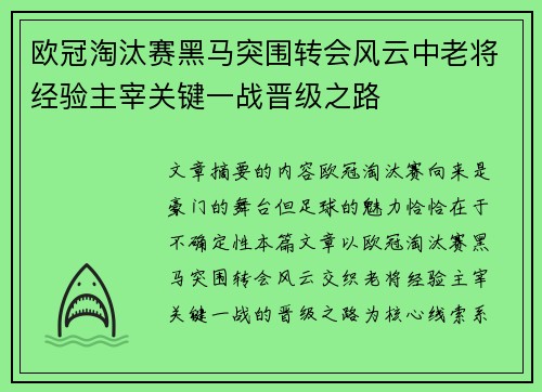 欧冠淘汰赛黑马突围转会风云中老将经验主宰关键一战晋级之路